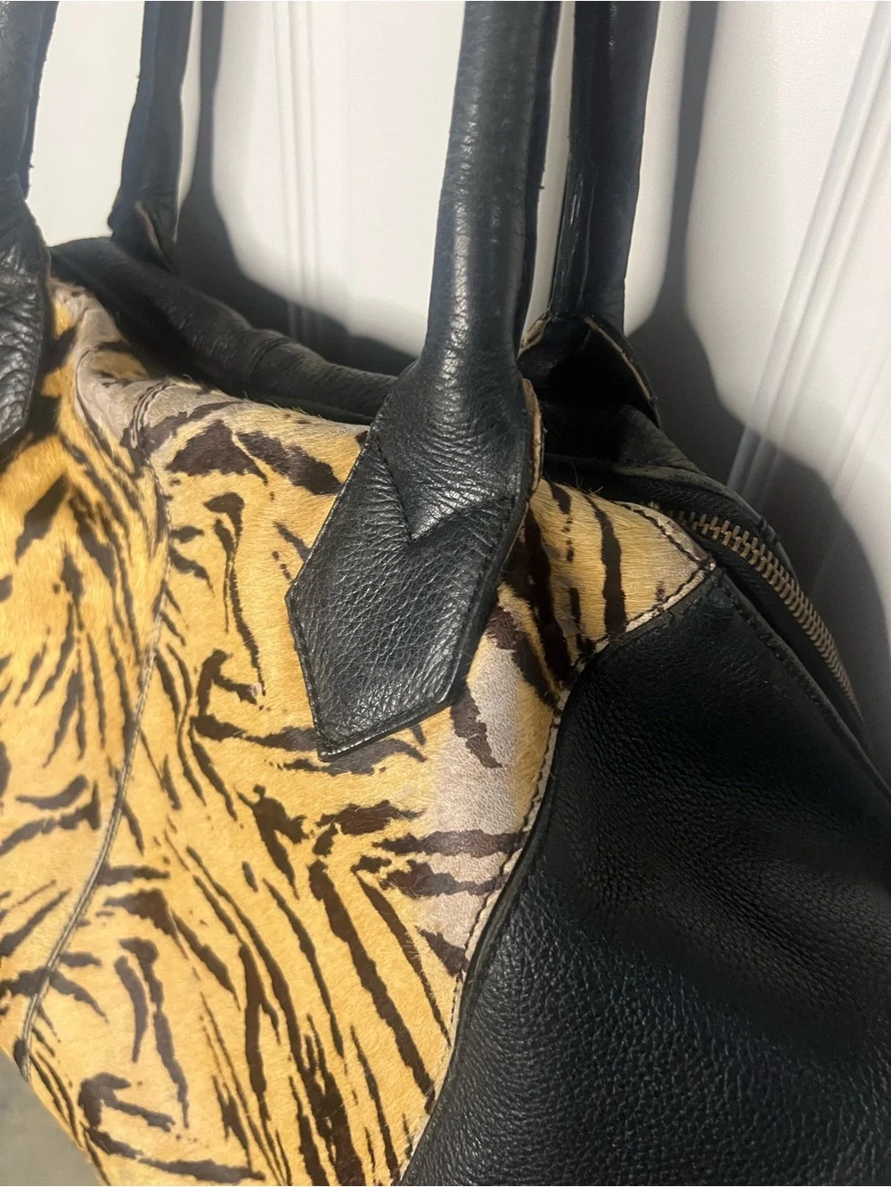 Y2K Shoestock Tiger Calf Hair Leather Satchel Fringe Bag